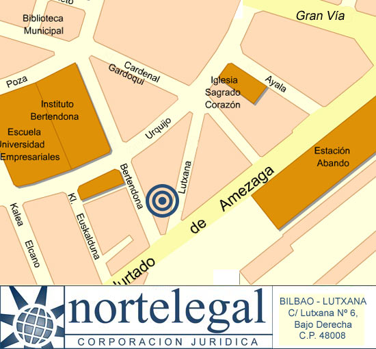 Nortelegal – BILBAO – LUTXANA. Calle Lutxana, 6, bajo derecha. Cerca de Correos, entre Hurtado de Amézaga y Alameda de Urquijo. Código postal 48008 - Bilbao