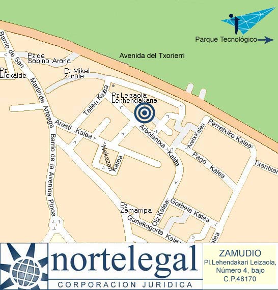 Nortelegal ZAMUDIO - Belaize Abogados. Plaza Lehendakari Leizaola, 4 bajo. En el centro del pueblo. Código postal 48170 Zamudio